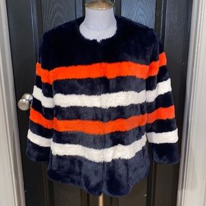 Kule Faux-Fur Jacket. Navy with orange and white Size Small
